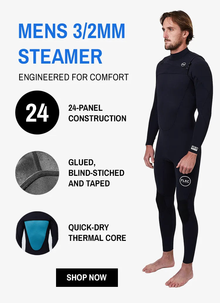 Flatrock men's 3/2mm steamer wetsuit featuring 24-panel construction, glued blind stitched seams, and quick-dry thermal core lining for maximum comfort and warmth